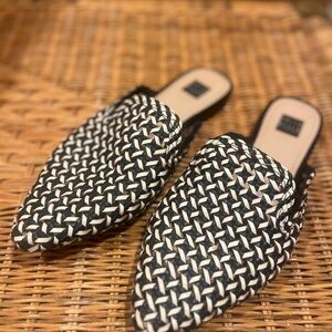 White House Black Market Black and White Woven Mules